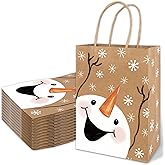 JarThenaAMCS 24 Pcs Christmas Kraft Gift Bags with Handles Xmas Snowman Snowflake Treat Bags Goodie Paper Bag for Winter Holiday Party Favors Supplies, 5.9 x 3.1 x 8.3 Inch