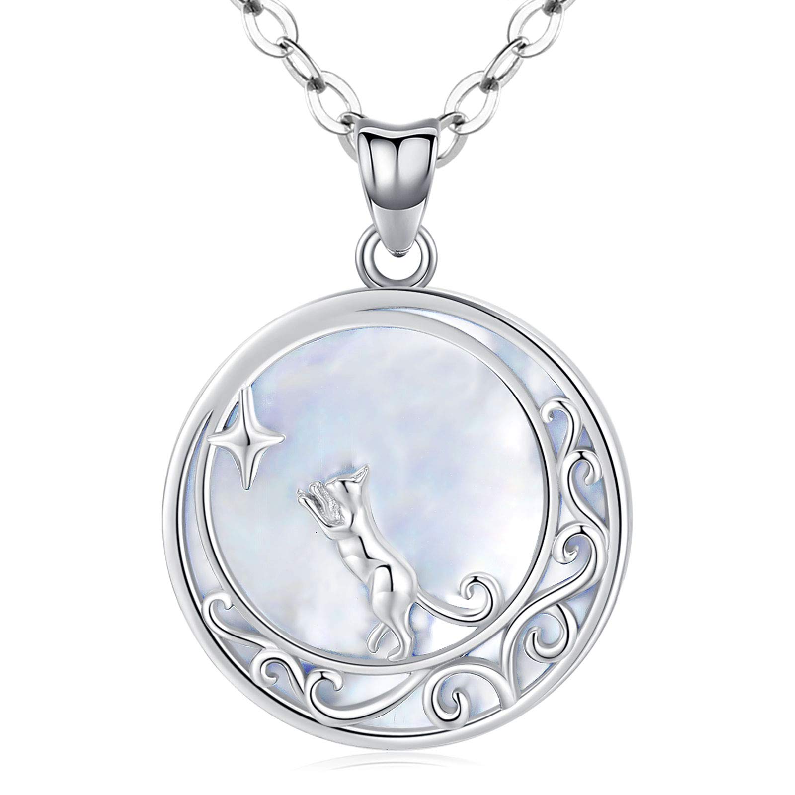 Eusense 925 Sterling Silver Cat Necklace, Mother of Pearl Pendant, Cats Gifts for Cat Lover, Jewellery Gift for Women