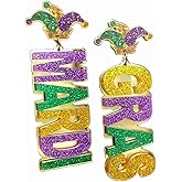 Mardi Gras Earrings for Women Glitter Mask Gnome Dangle Drop Earrings Mardi Gras Letter Statement Earrings Purple Yellow Green Round Circle Carnival Jewelry Party Gift