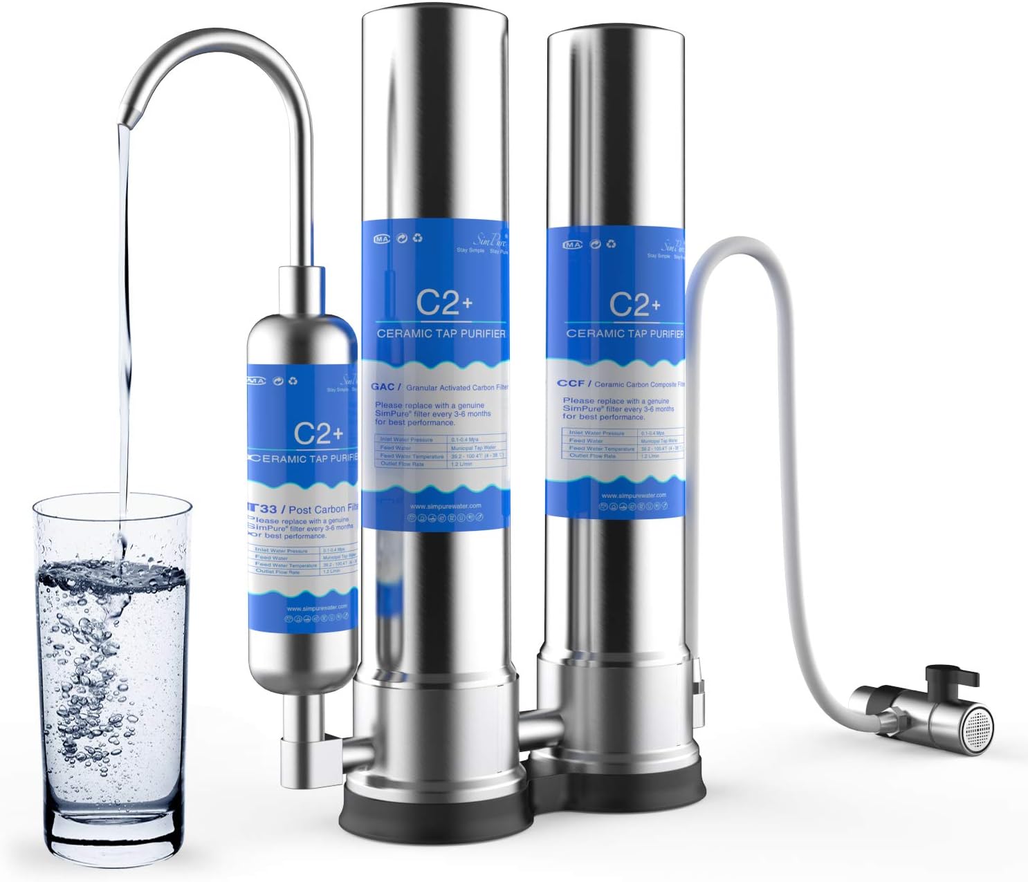 SimPure 3 Stage Dual Countertop Water Filter with Carbon Block and Ceramic Cartridge, Water Purifier Filtration System Removes 99.99% Harmful Contaminants for Healthier Water, 304 Stainless Steel: Home & Kitchen