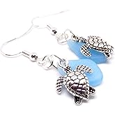 Sea Turtle and Blue Sea Glass Dainty Earrings for Easter
