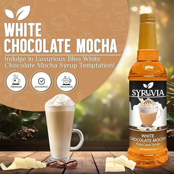 SYRUVIA WHITE CHOCOLATE MOCHA SYRUP FOR COFFEE 25.4 OUNCES, WHITE CHOCOLATE MOCHA FLAVORING FOR COFFEE