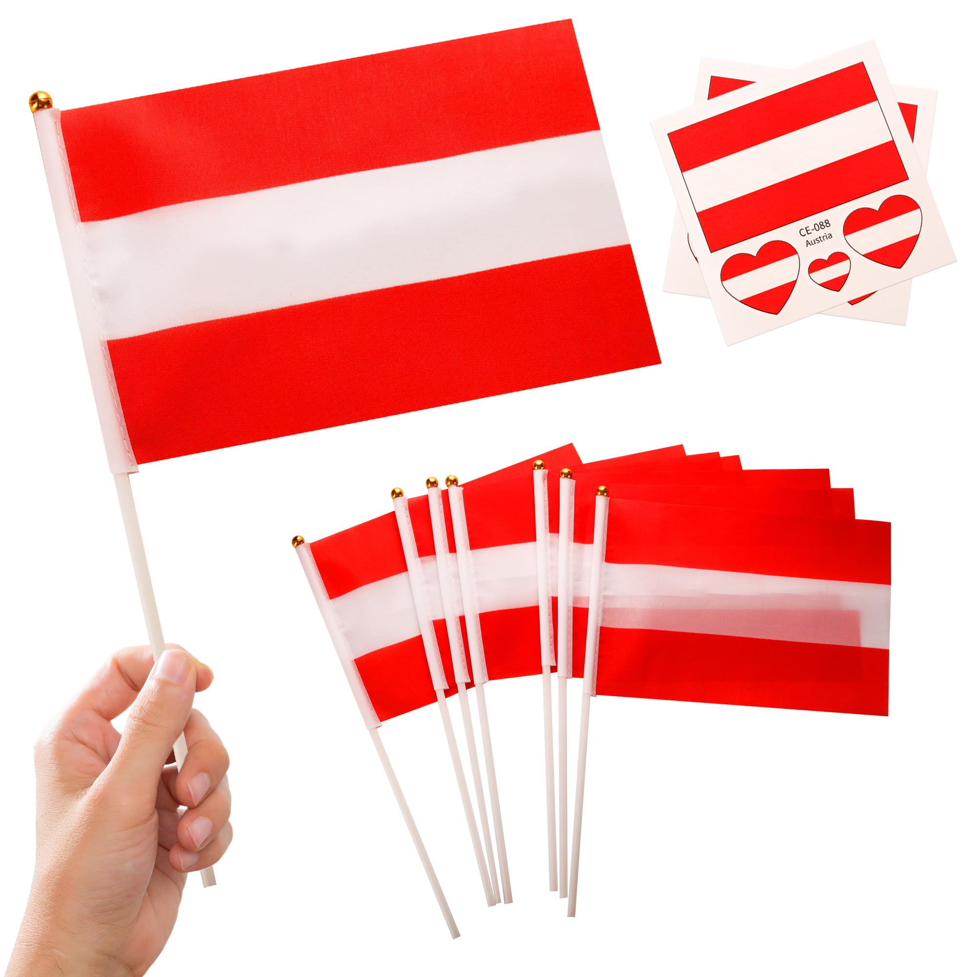 10pcs Small Austria Flags on Sticks & 2pcs Tattoos, Austrian Oly 2024 Decorations Mini Austria Flags Hand Held Flags for Oly Games 2024 Football Sports Events National Day Party Decorations — image 1