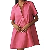 JEIBKOUY Women's Short Sleeve Swing Tunic Mini Dress Button Up Blouse Shirt Summer Loose Casual Flowy A Line Short Dress