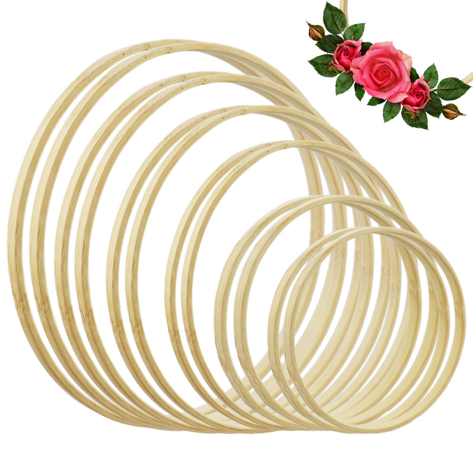 HXMJIED 12 Pack Wooden Floral Hoops - 6 Sizes Bamboo Wreaths Ring for DIY Dream Catchers, Wedding Plant Oasis Garland Decor, Wall Hanging Crafts (6/7/8/9/10/12 inch)
