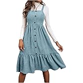 WDIRARA Women's Button Front Sleeveless Ruffle Hem Pinafore Dress Corduroy Jumper Dress