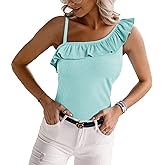 CNJFJ Womens Summer Bodycon Camisoles One Shoulder Strap Square Neck Blouse Rib Knitted Ruffle Tank Tops