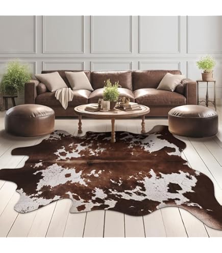 Véritable Cuir de Vache Tapis Marron Foncé et Blanc Grand Peau