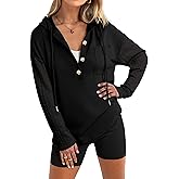 Glamaker Women's Button Down Cable Knit Hoodies Long Sleeve Patch Work Spliced Pullover Hooded Sweatshirts