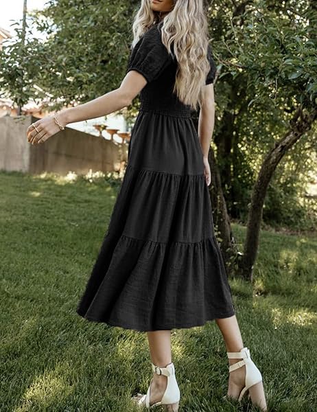 RNTMR SUMMER BOHO SMOCKED MIDI DRESSES FOR WOMEN 2023 CASUAL PUFF SHORT SLEEVE CREW NECK A LINE TIERED GRADUATION DRESS BLACK