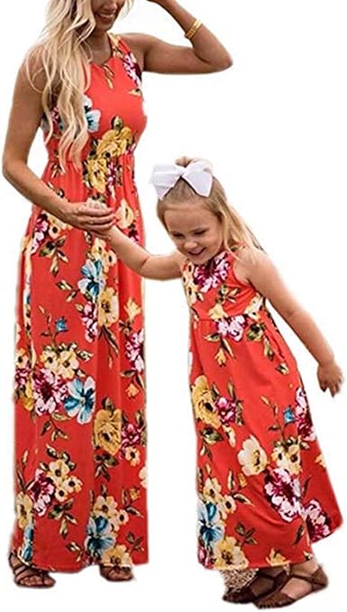 Amazon.com: Mommy and Me Flower Print Sleeveless Maxi Dresses Family Matching High Waist Long 