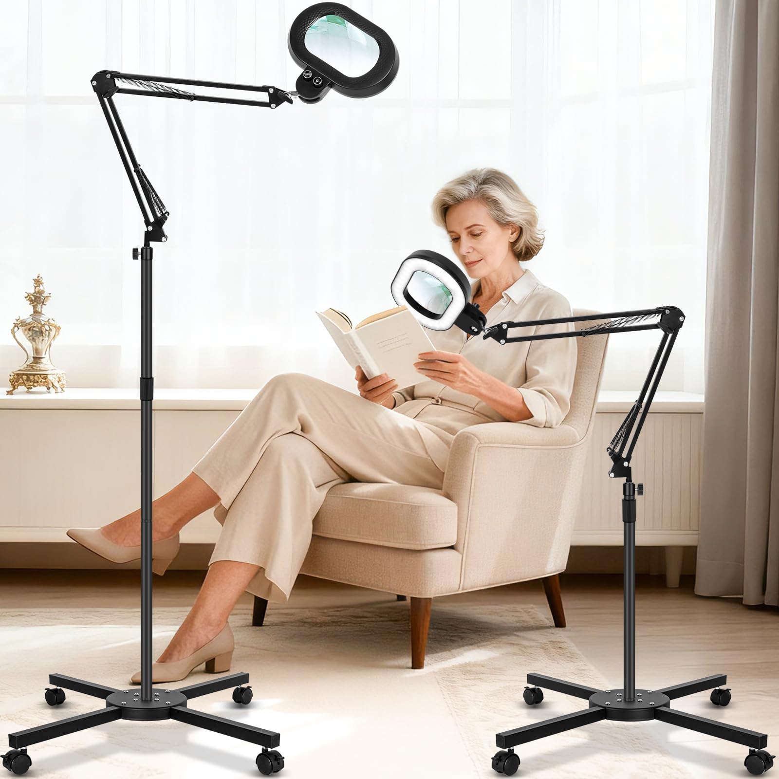 Photo 1 of KIRKAS 12X Large Floor Magnifying Glass with Light and Stand, Infinite Color Dimmable 2 in 1 Lighted Magnifier lamp for Close Work, Reading,Craft,Sewing,Hobby, 4 Wheel Rolling Stable Base Esthetician