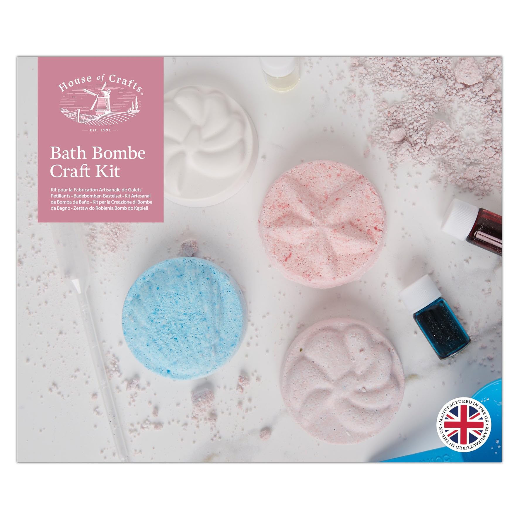 House of Crafts Bath Bombe Craft, Single Craft Kit Set, Multicoloured, Includes Bath Bombe Moulds, Bicarbonate Powder, Citric Acid, Colourants, Fragrance, Measuring Scoop, Mixing Bag & Pipette