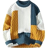 GURUNVANI Mens Patchwork Sweater Colorblock Knit Jumper Vintage Cable Knitted Pullover Sweater