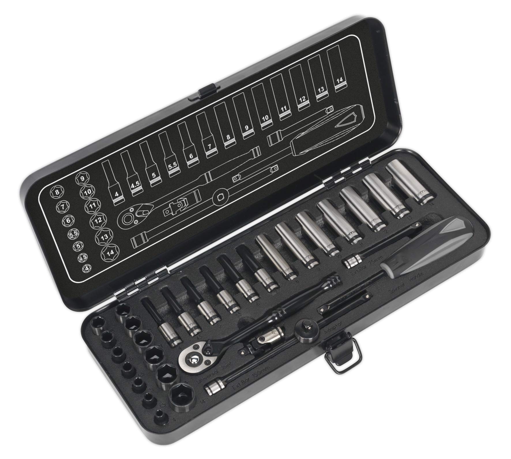 Sealey Ak7970 Socket Set 32Pc 1/4In Sq Drive 6Pt Walldrive Metric Black Series