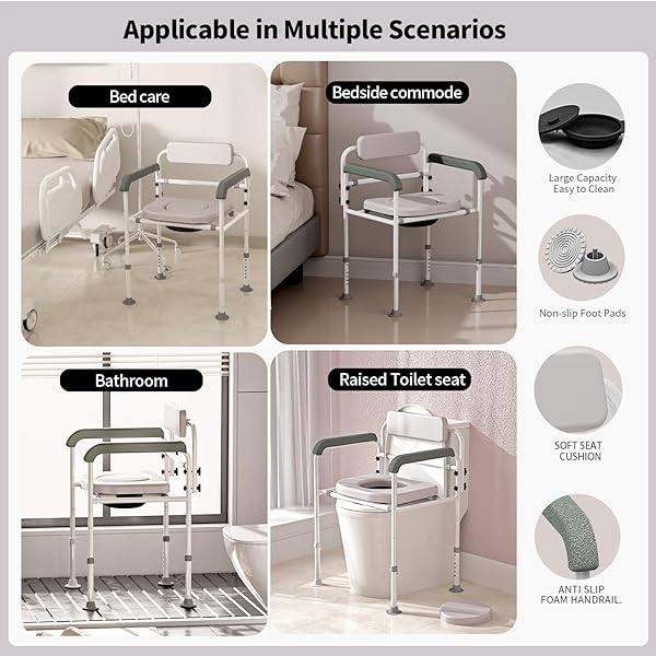 ADJUSTABLE MEDICAL BEDSIDE COMMODE CHAIR WITH PADDED BACKREST, DROP ARM SUPPORT, HEIGHT ADJUSTABLE GREY