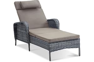 Belord Outdoor Chaise Lounge Patio Recliner - 75 Inch Adjustable Wicker Chaise Lounge with Soft Pillow Removable Cushions, All Weather Rattan Pool Lounge Chair for Poolside Deck Grey/Grey