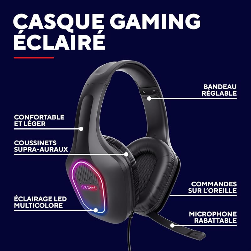 Rayne Casque Gaming Léger pour PC/Console, Éclairage LED, Noir