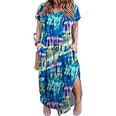 HBEYYTO Women's Plus Size Maxi Dresses V Neck Casual Short Sleeve Loose Pocket Slits Long Dress XL-5XL