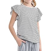 MIANZHI Girls Summer Shirts Kids Striped Ruffle Sleeve T Shirts Crew Neck Casual Tops Cute Short Sleeve Tees 5-14 Years