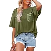 Dokotoo Womens Tops Cute Lace Summer Short Sleeves Oversized Casual T Shirts Lace Pockets