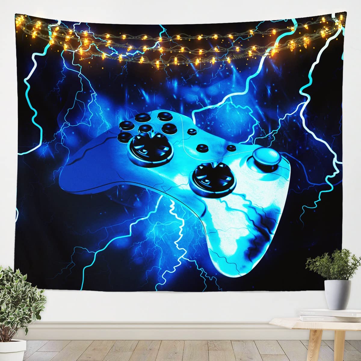 Gamer Wall Tapestry Gamepad Tapestry for Kids Boys Girls Lightnings Marble Tapestry Wall Hanging Blue Video Gamepad Wall Art for Bedroom Living Room,XLarge 69x91 Inch