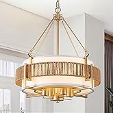 WBFDSW 18.7'' Farmhouse Rattan Chandelier,4-Light Farmhouse Boho Drum Chandeliers with Fabric Shade,Modern Brushed Gold Chand