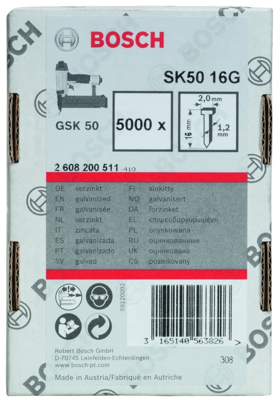 Bosch Professional 5000x Finish Nails SK50 16G (1.2/18 g, 2.0x1.00x16 mm, Galvanised, Accessories for Nail Guns, Pneumatic Nailers)