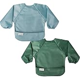 Tiny Twinkle Long Sleeve Bib for Babies &amp; Toddlers | 2-Pack Waterproof Smock Bib for Eating | Machine Washable &amp; Mess-Proof Feeding Essentials | Newborn Shower Gift (Slate Olive,6&ndash;24M)