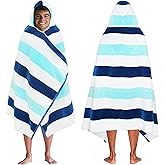 COTTON CRAFT Hooded Beach Towel – Oversized 39 x 68 Towel with Hood for Adults - 100% Ringspun Cotton Velour Terry Towel - 450 GSM - Super Soft Plush Absorbent Quick Dry Bath Wrap – Cabana Stripe Blue
