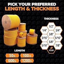 Yellow Twisted Polypropylene Rope, 1/4" Thickness x