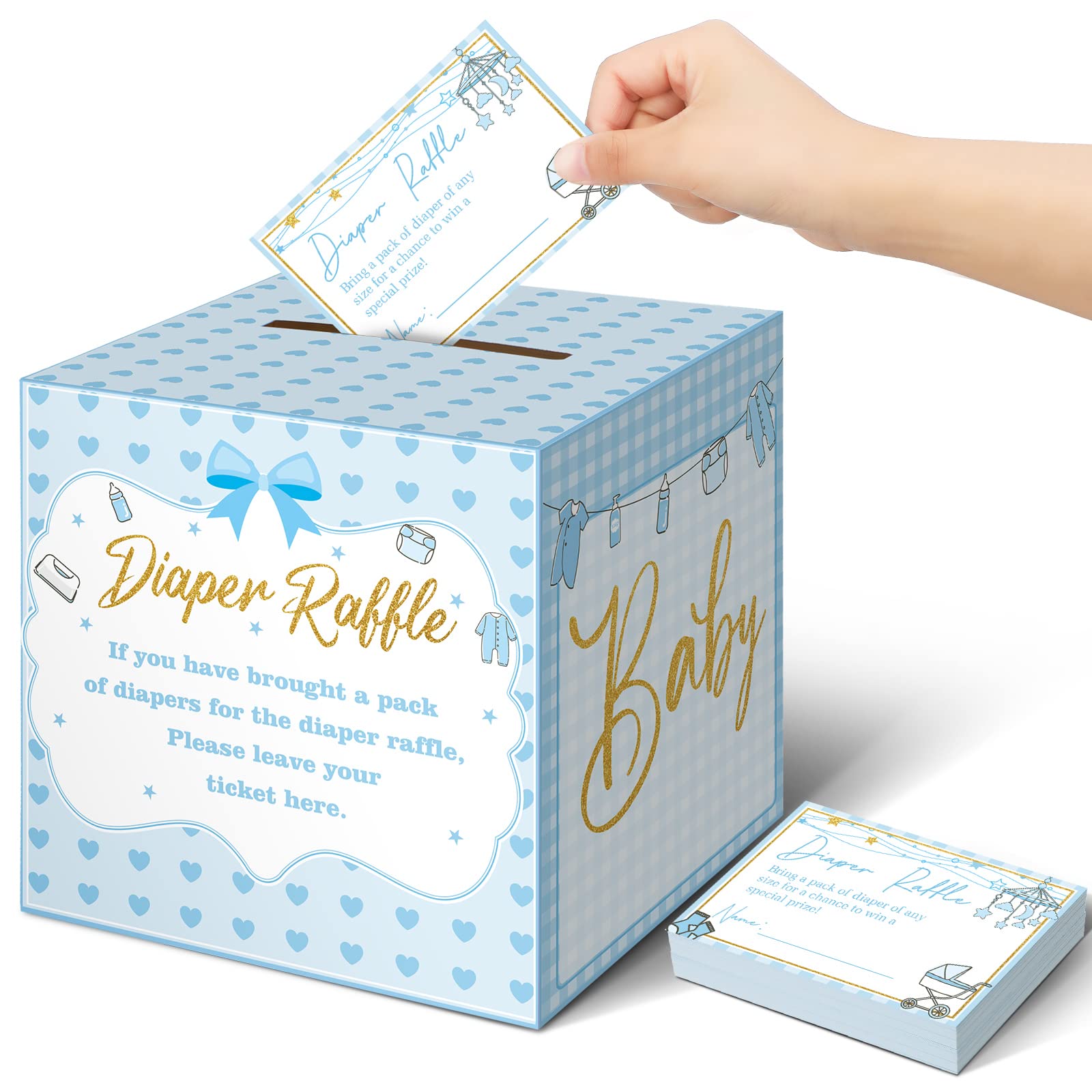 Photo 1 of Teling 51 Pieces Diaper Raffle Tickets with Card Box Baby Shower Decorations Baby Shower Holder Box for Girl Boy Diaper Raffle Party(Blue)