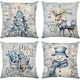 Harraca Christmas Throw Pillow Covers 16x16 Set of 4,Merry Christmas Tree Reindeer Sleigh Snowman Blue and White Xmas Winter Holiday Decorative Pillowcase Farmhouse Home Decor for Sofa Couch Cushion