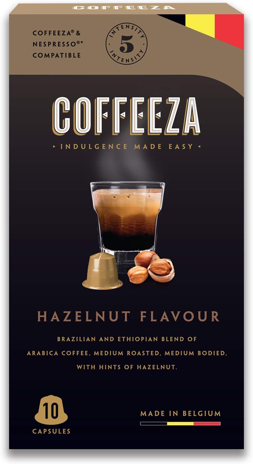 Coffeeza Hazelnut Brownie Flavoured Coffee Capsules (Nespresso Compatible), Medium Intensity 5/10, Box of 300 Pods with 100% Arabica, Made in Belgium, Perfect for Espresso, Lungo, Americano