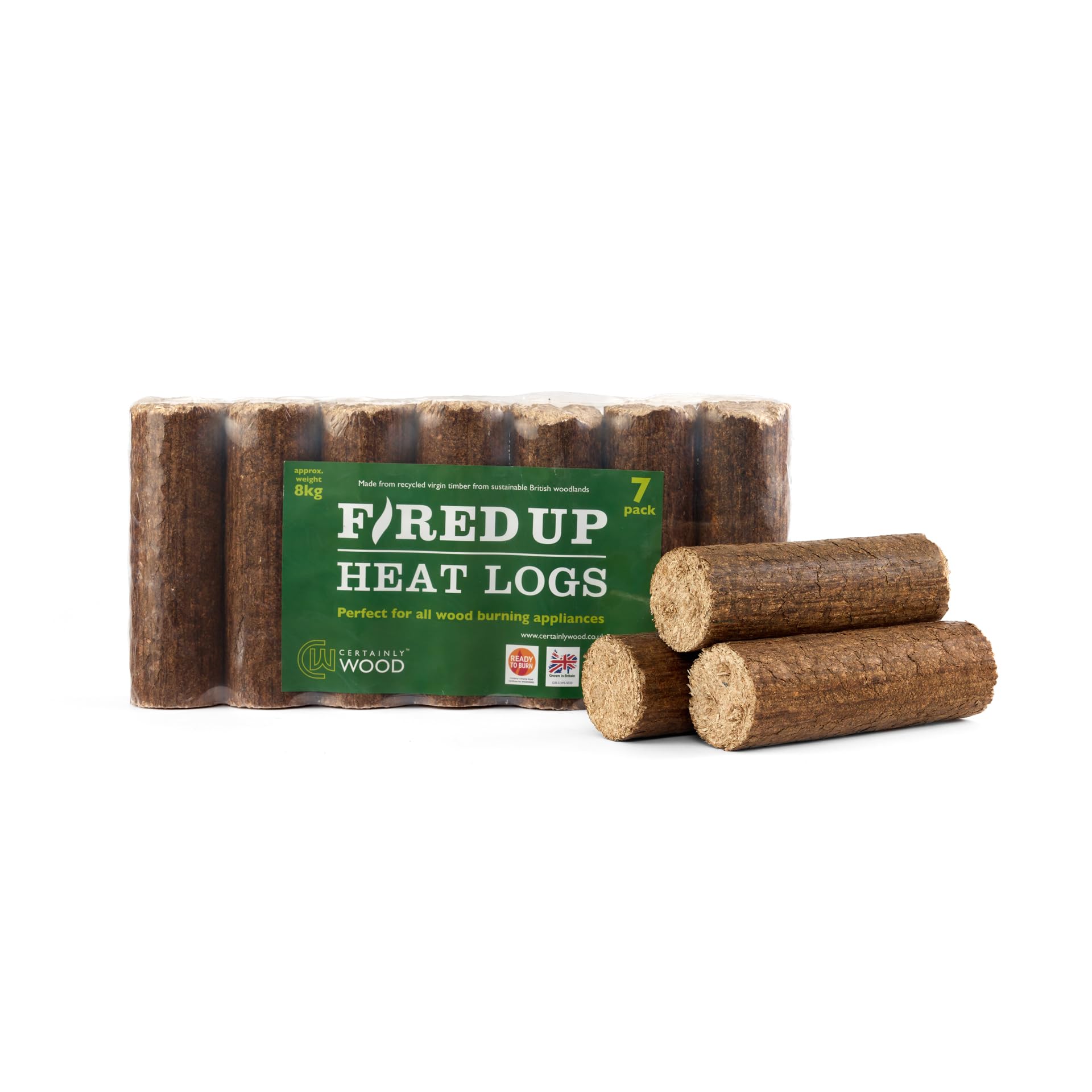 Certainly Wood 'Fired Up' Heat Logs for Wood Burners & Open Fires - 7 Units of Natural Long Burning Logs, Firelogs, Briquettes, Solid Firewood for Log Burner & Fireplace - Indoor or Outdoor