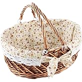 YRJJ Wicker Picnic Basket with Handles & Liner Oval Empty Gift Basket Willow Woven Easter Eggs & Candy Storage Basket Fruit Serving Basket Kids Blanket Toy Organizer, 1