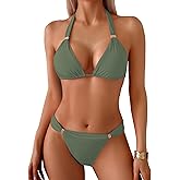 TASHEHE Women's Triangle Ruched Bikini Set Sexy Two Piece Swimsuit Halter Sliding Rings Bathing Suit
