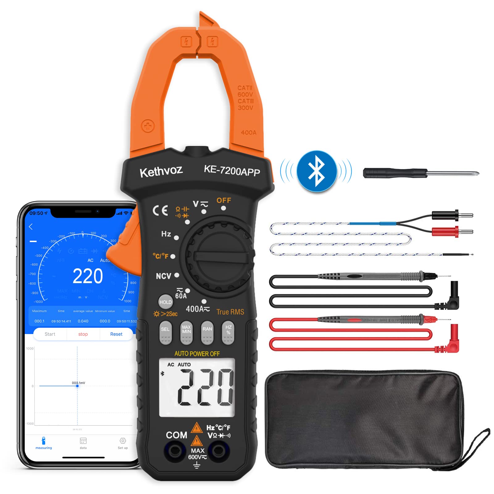 Multimeter Clamp Meter, TRMS 6000 Counts Kethvoz Bluetooth Digital Clamp Multimeter AC/DC 400A, Auto Range NCV Voltage Current Tester with Continuity Buzzer Test Ohm Hz Diode Temperature 7200APP