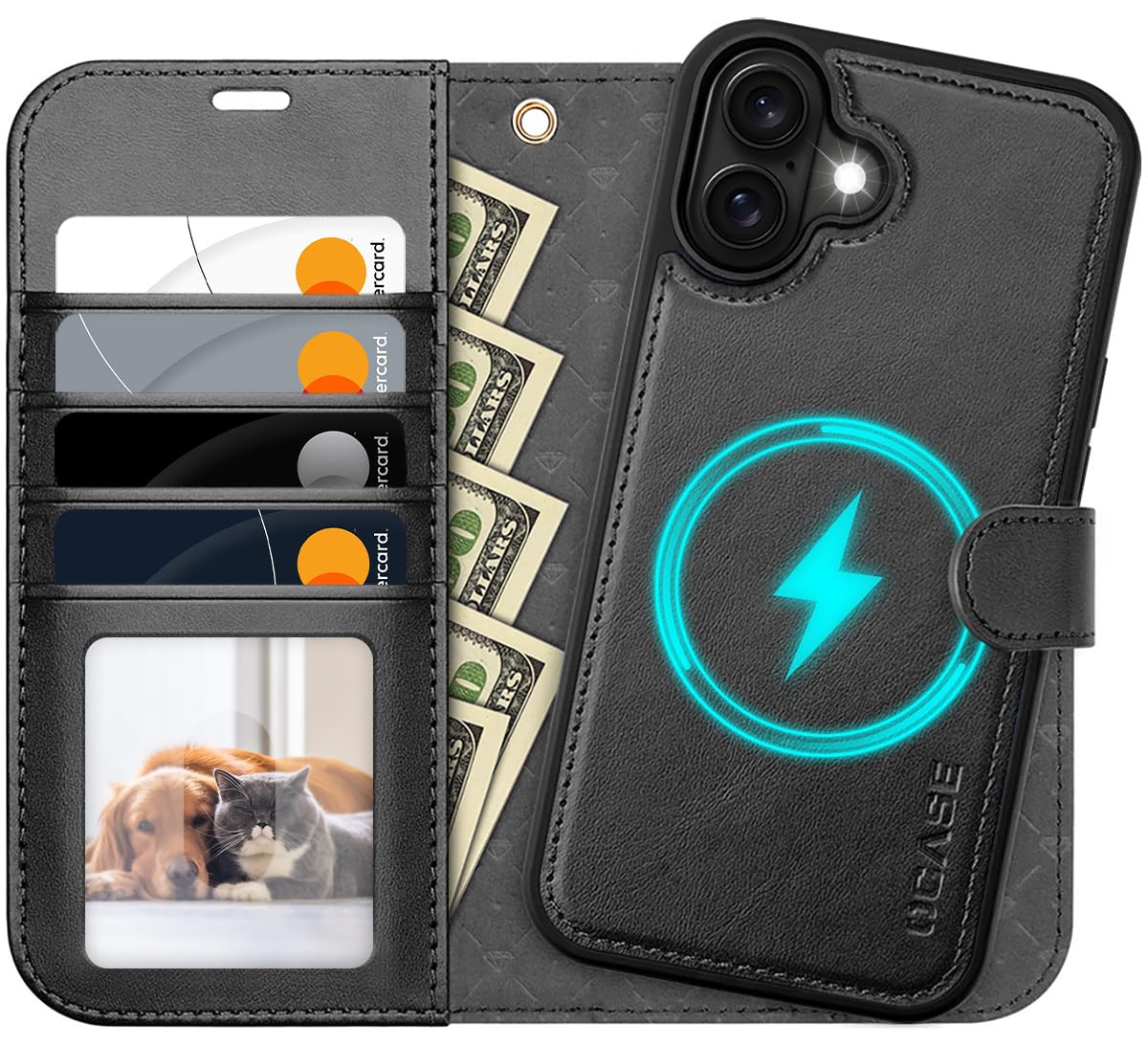 OCASE for iPhone 16 Plus Case, Detachable 2 in 1 PU Leather Wallet Case with RFID Blocking, Wireless Charging, Card Holders, Kickstand, Shockproof Removable Phone Cover, Black Graphite
