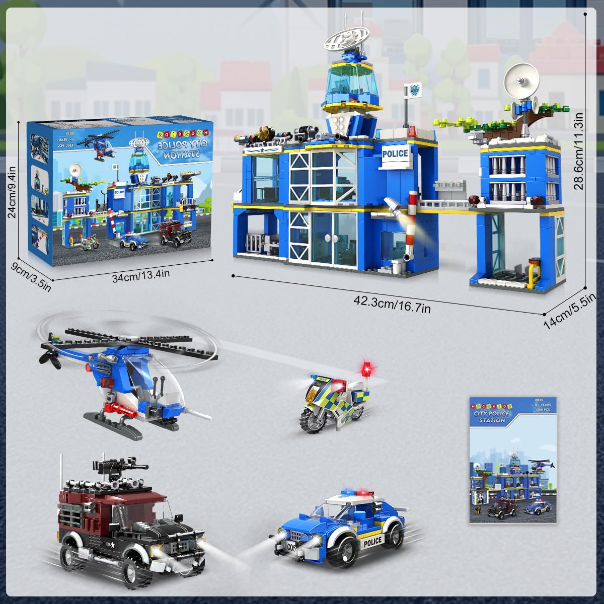 HOGOKIDS Polizeistation Bausatz – City-Polizei Baustein-Spielzeug für Jungen mit Hubschrauber, Motorrad, Auto Pädagogisches Konstruktionsspielzeug Kreativ-Geschenk für Kinder Jungen ab 6-10+ Jahren 8