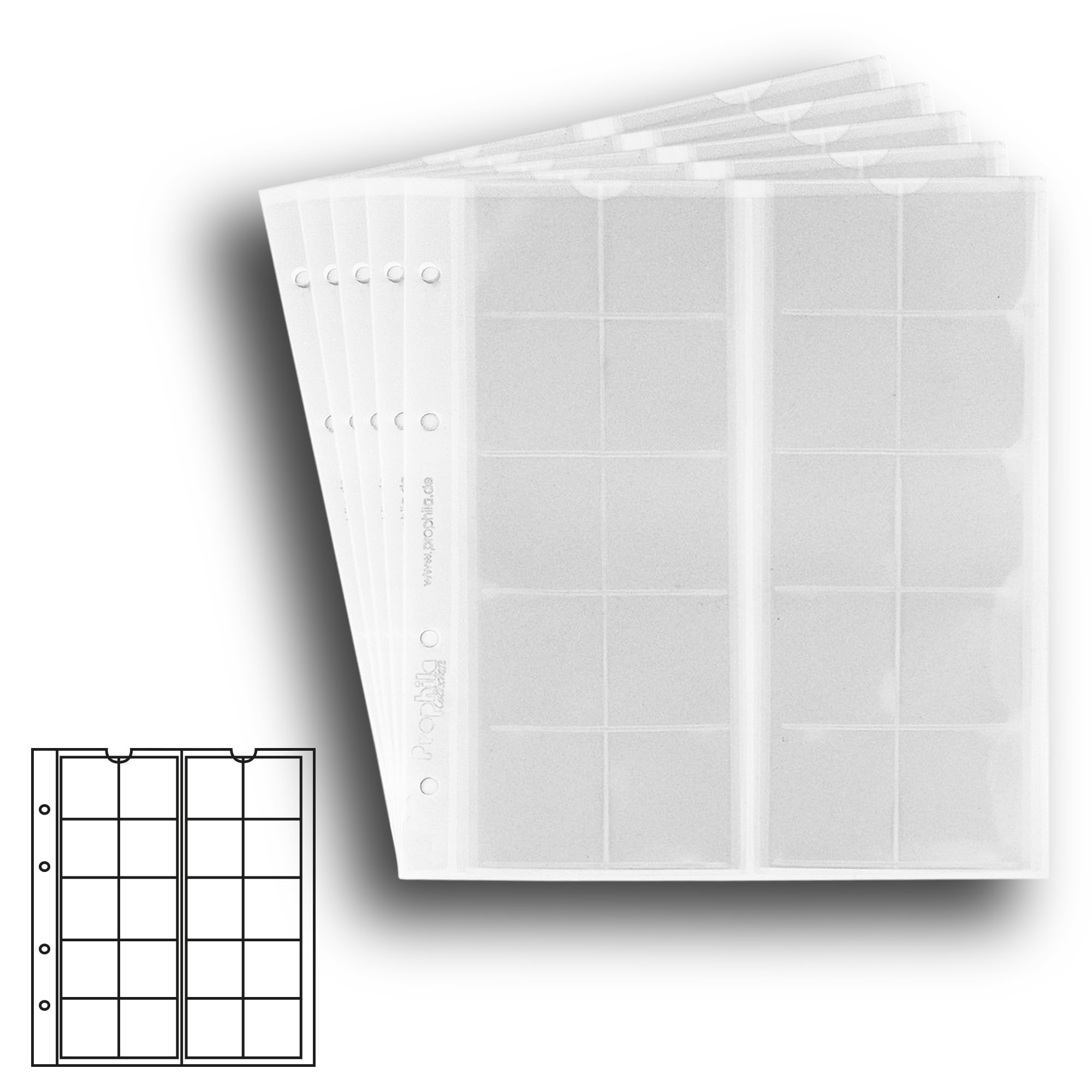 5 numismatic Prophila coin sheets, 20 pockets up to 34 mm Ø, e.g. 5 DM, 2 DM