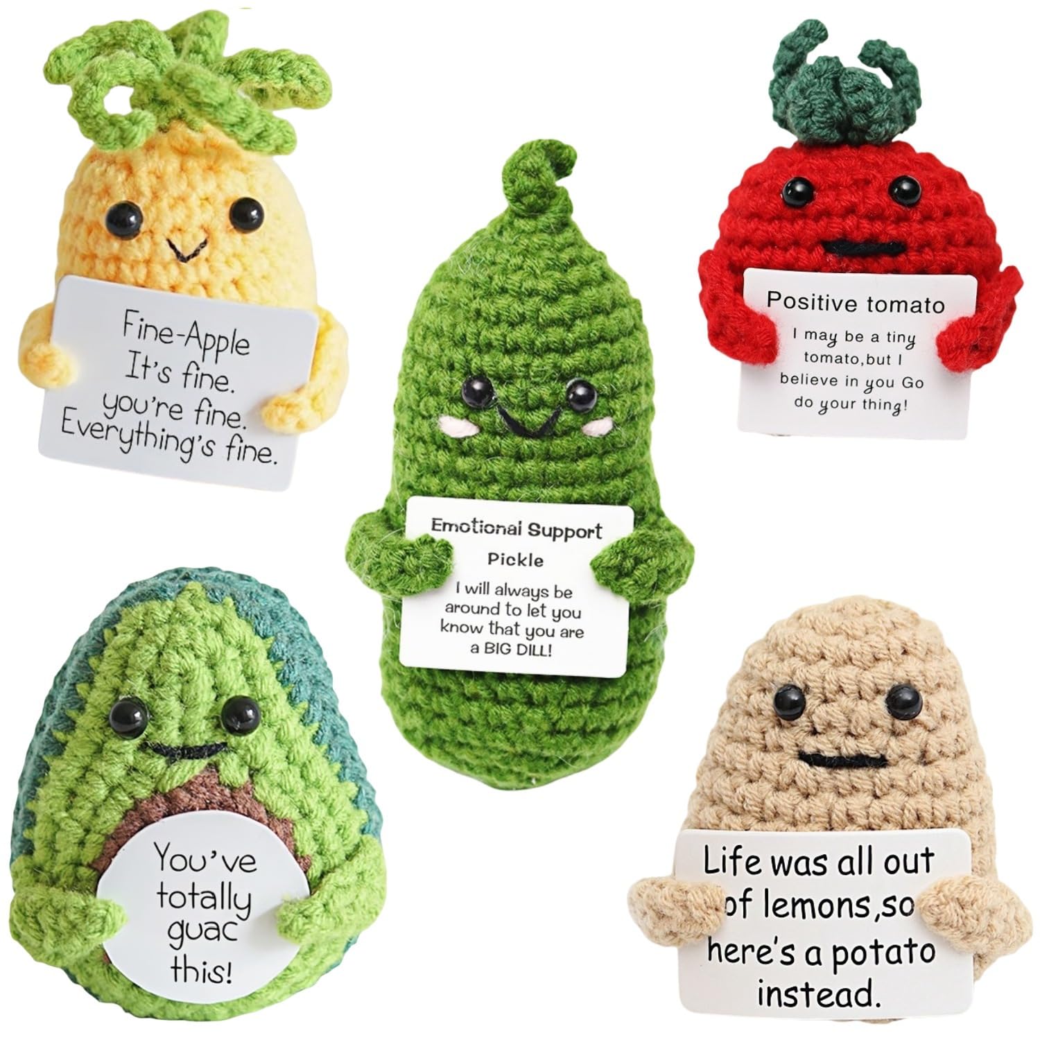 Yiqicomle 5 Pcs Knitted Positive Fruit, Handmade Cute Funny Knitted Fruit with Positive Card Creative Crochet Doll as Gifts and Decor, Pineapple Cucumber Tomato Avocado Potato