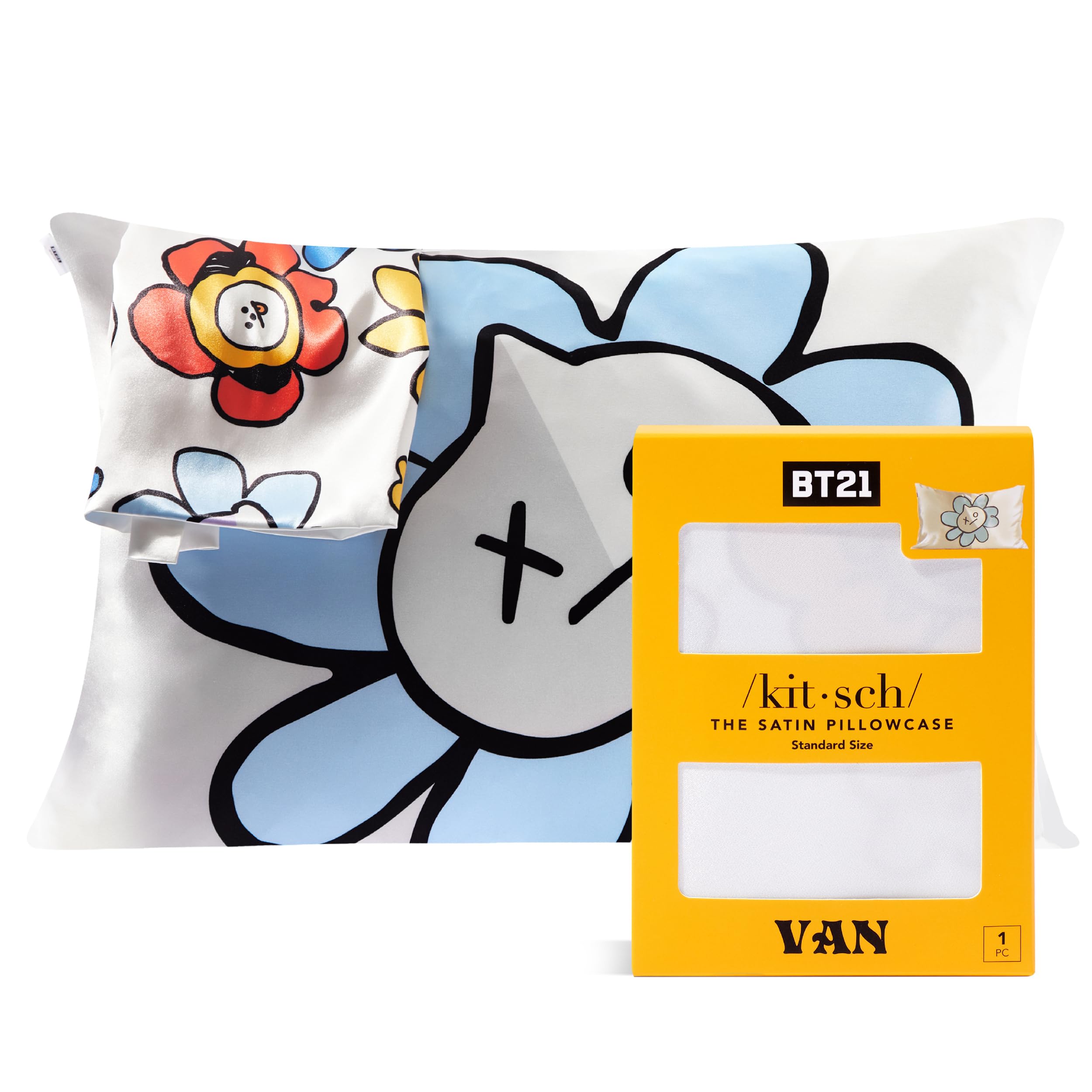 Kitsch x BT21 Satin Pillowcase with Zipper for Hair & Skin, Softer Than Silk Pillow Cases, Queen Pillow Covers, Machine Washable, Wrinkle-Free, Cooling Satin Pillow Cases Standard Size 19"x26" (Van)