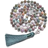 Hovaete 108 Mala Prayer Beads Necklace Natural Stones Meditation Yoga Jewery 108 Hand Knotted Japa Mala Beaded Long Tassel Necklace with Tree of Life Pendant for Men and Women