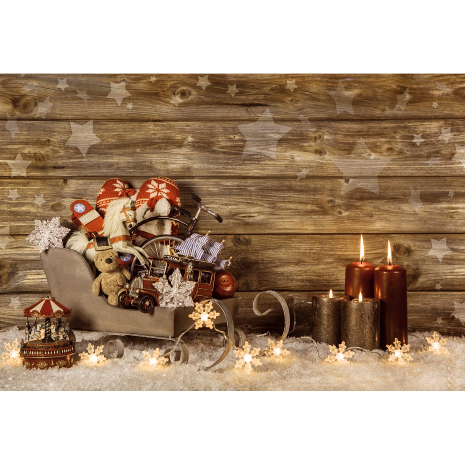 YongFoto 3x2m Photography Backdrop Toys Sled Candles String Snowflakes Lights Snow Star Wood Floor Interior Xmas Photo Background Backdrops Photography Video Party Wedding Studio Props — image 1