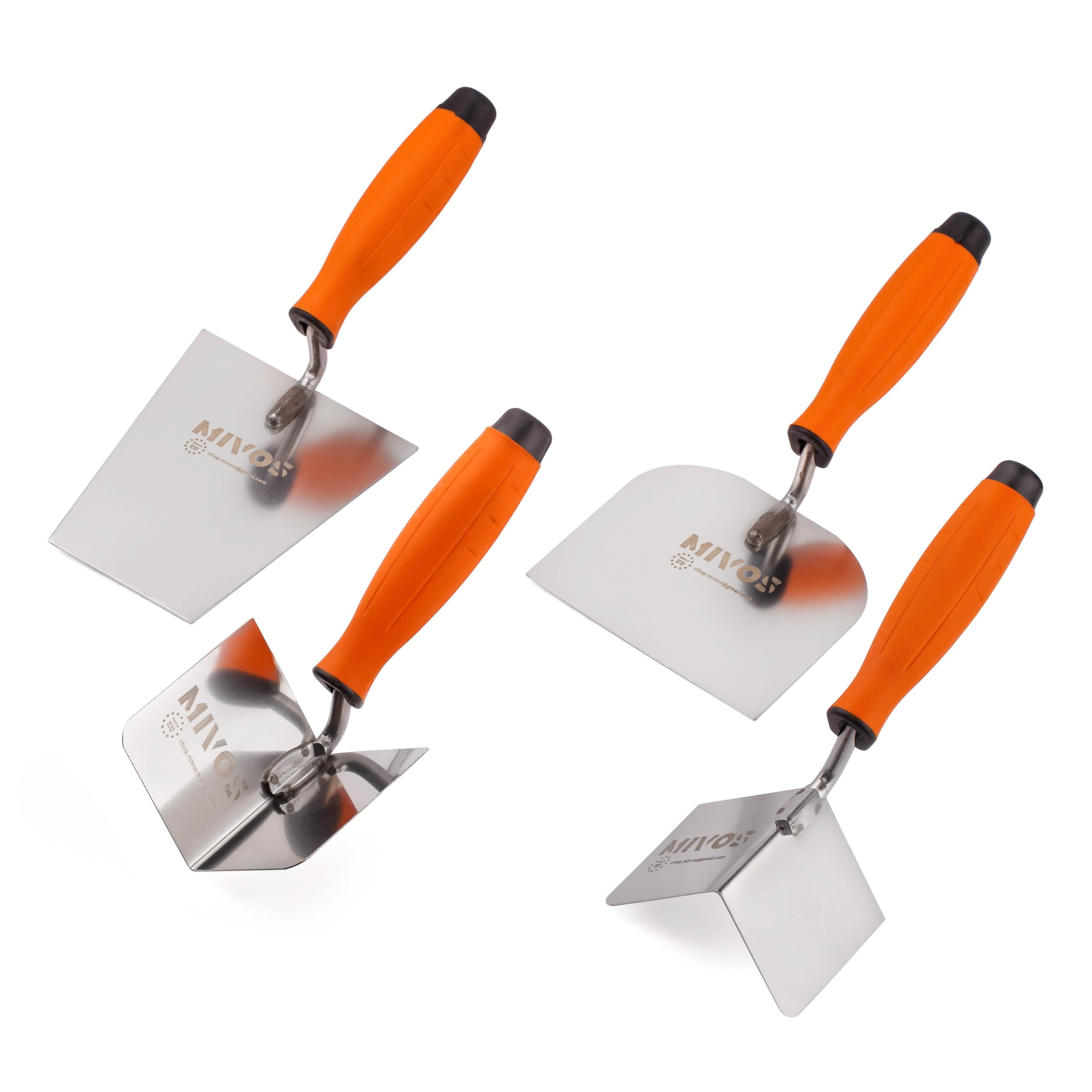 Mivos Set of 4 Stainless Steel Paddle 80 x 60 mm 120 x 128 mm Trapezoid Trowel 160 x 75 mm Stainless Steel Paddle Set Soft Handle Made in EU