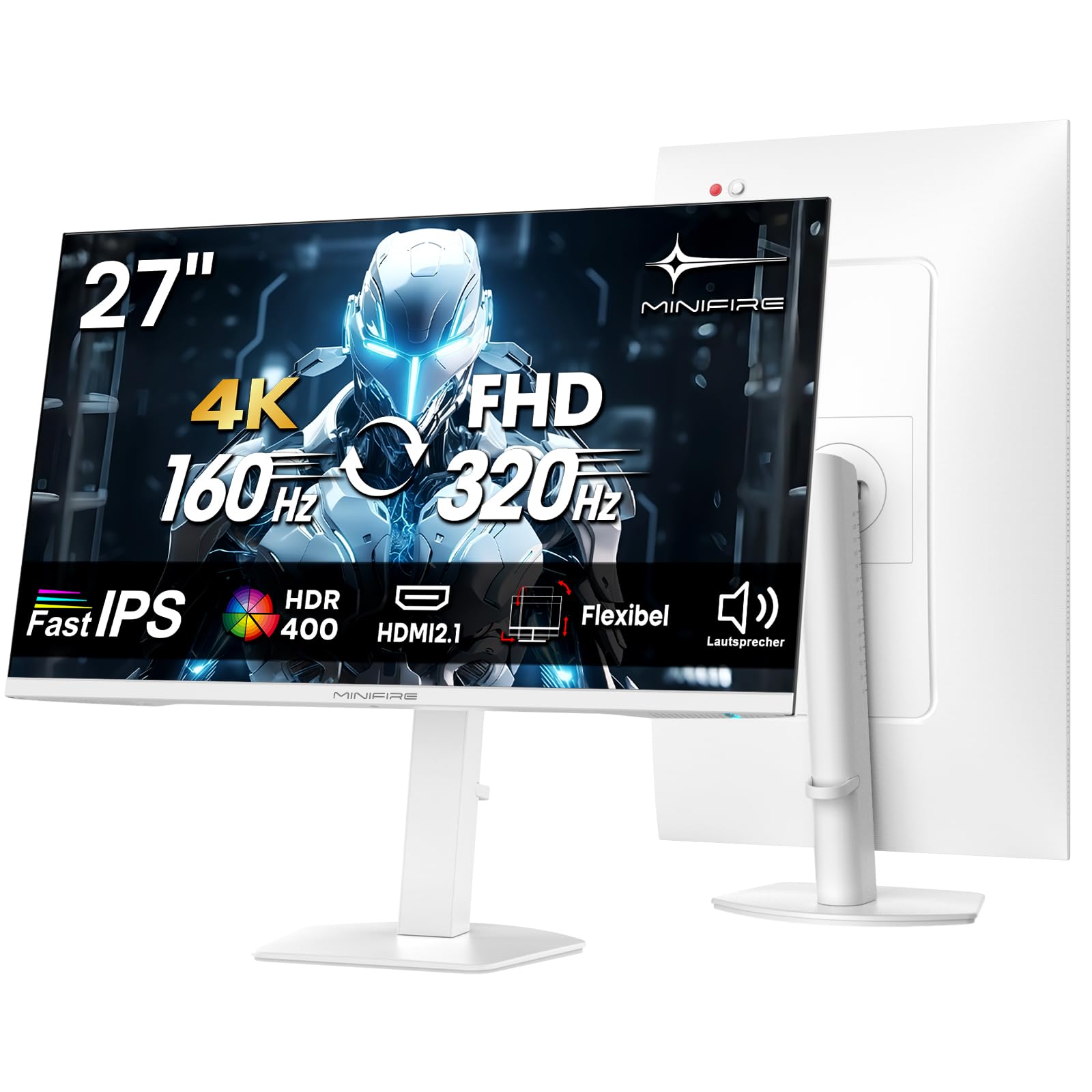 Minifire Monitor 27 Zoll, Gaming Monitor 4K:Dual-Modus (UHD 160Hz / FHD 320Hz), 1ms, HDR 400, IPS, Adaptive Sync, Höhenverstellbar, HDMI 2.1, DP 1.4, Lautsprecher, Pip/PBP (MFG27D1U)
