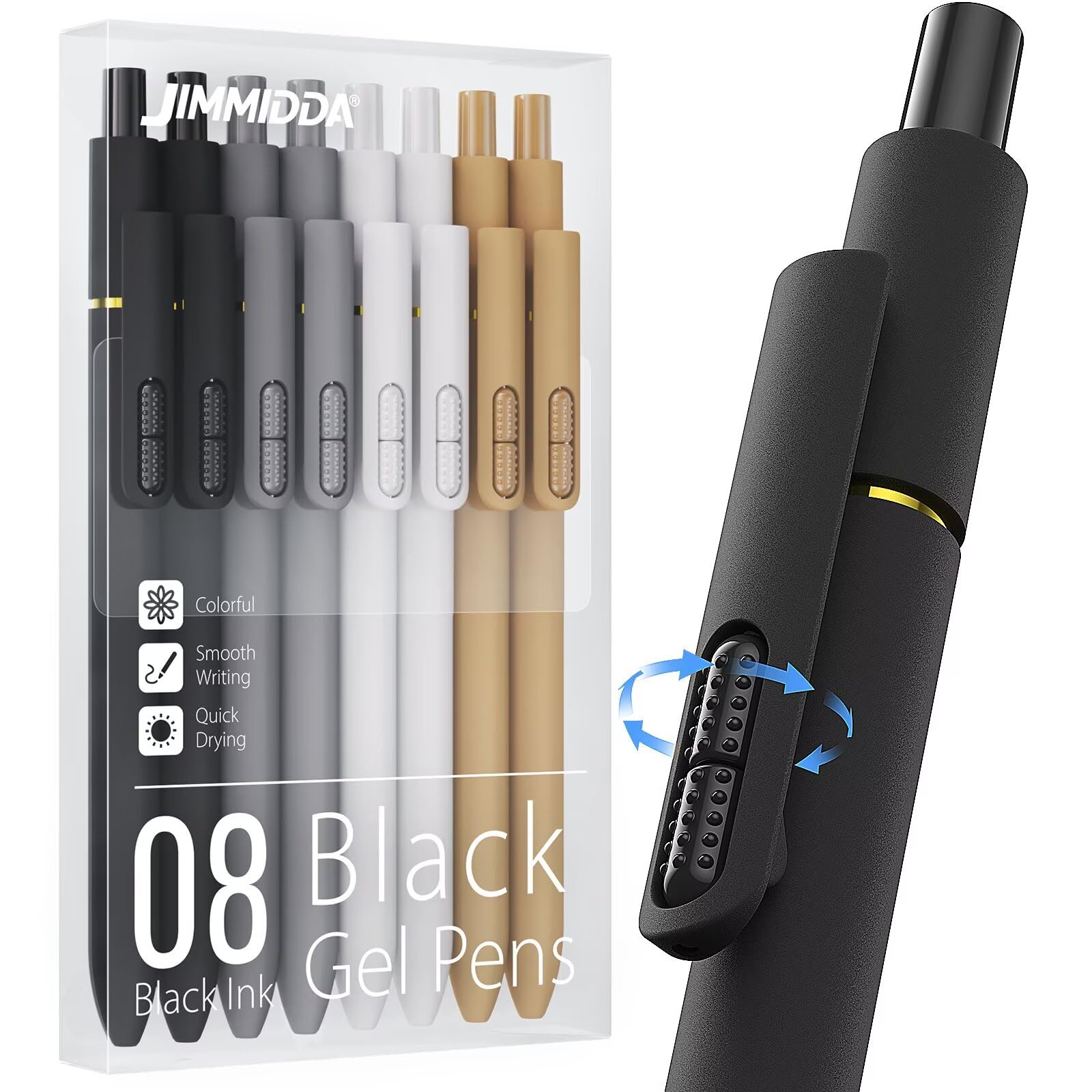 JIMMIDDA 8Pcs Black Gel Pens - 0.7mm Medium Classic-Black Ink-0.7