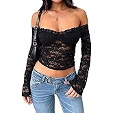 LOFAAC Women Off Shoulder Floral Lace Going Out Crop Tops Sexy Slim Long Sleeve See Through Backless Crop Blouse Shirts