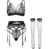 Foxiny Sexy Stockings Wireless Bows Floral Lace Mesh Sheer Garter Belt Bodydoll Lingerie Set 4 Piece Outfits